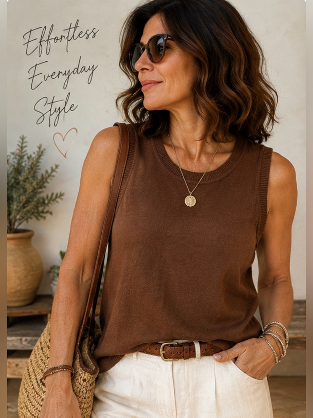 Sharagano XL Brown Sleeveless Knit Sweater Tank Chocolate Minimalist Layering